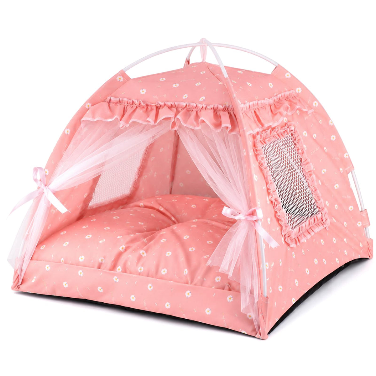 Pink Princess Cat Bed Dog Tent, Indoor House for Small Puppies and Kittens | Portable Pet Teepee Bunny Nest Foldable Cozy Cave Hideaway Washable Cushion Reversible Mat Home Use, 15.7 x 15.7 x 14.6 in