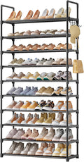 Kitsure 10 Tier Shoe Rack, Tall Shoe Organizer, 32.2" Wide, Black | Large-Capacity Shoe Storage with Hooks, Shoe Shelf for Closet, Entryway, Bedroom, Living Room, Zapateras Organizer