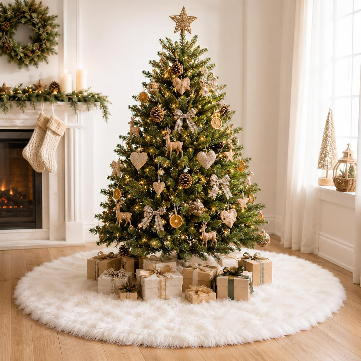 YEAHOME Christmas Tree Skirt, 48 Inch White Soft Faux Fur Tree Skirts Plush Christmas Decorations, White Ornaments Christmas Tree Skirts Xmas Decorations Indoor Holiday Party Decor