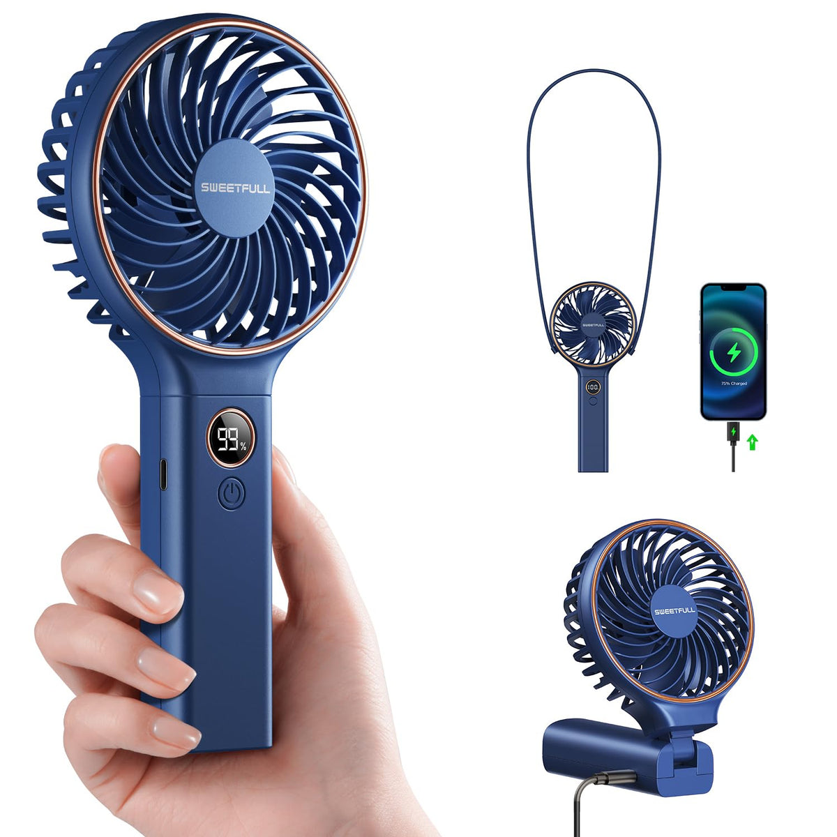 SWEETFULL Handheld Portable Fan, 5000mAh Rechargeable Battery, 6 Speed Wind, LED Digital Display, Foldable Electric Personal Mini Travel Fan with Backup Power, Summer Essentials Gifts for Women Girl