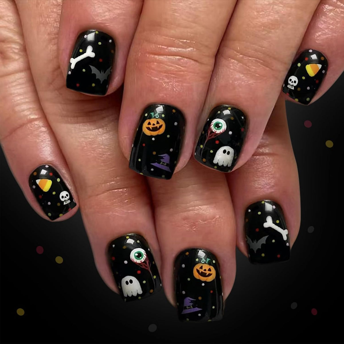 48Pcs Halloween Press on Nails Ghost Stick on Fingernails Monster Short Square False Nails Glossy Black Spider Web Acrylic Fake Nail Skull Gel Glue on Nail for Coquette Women Girls