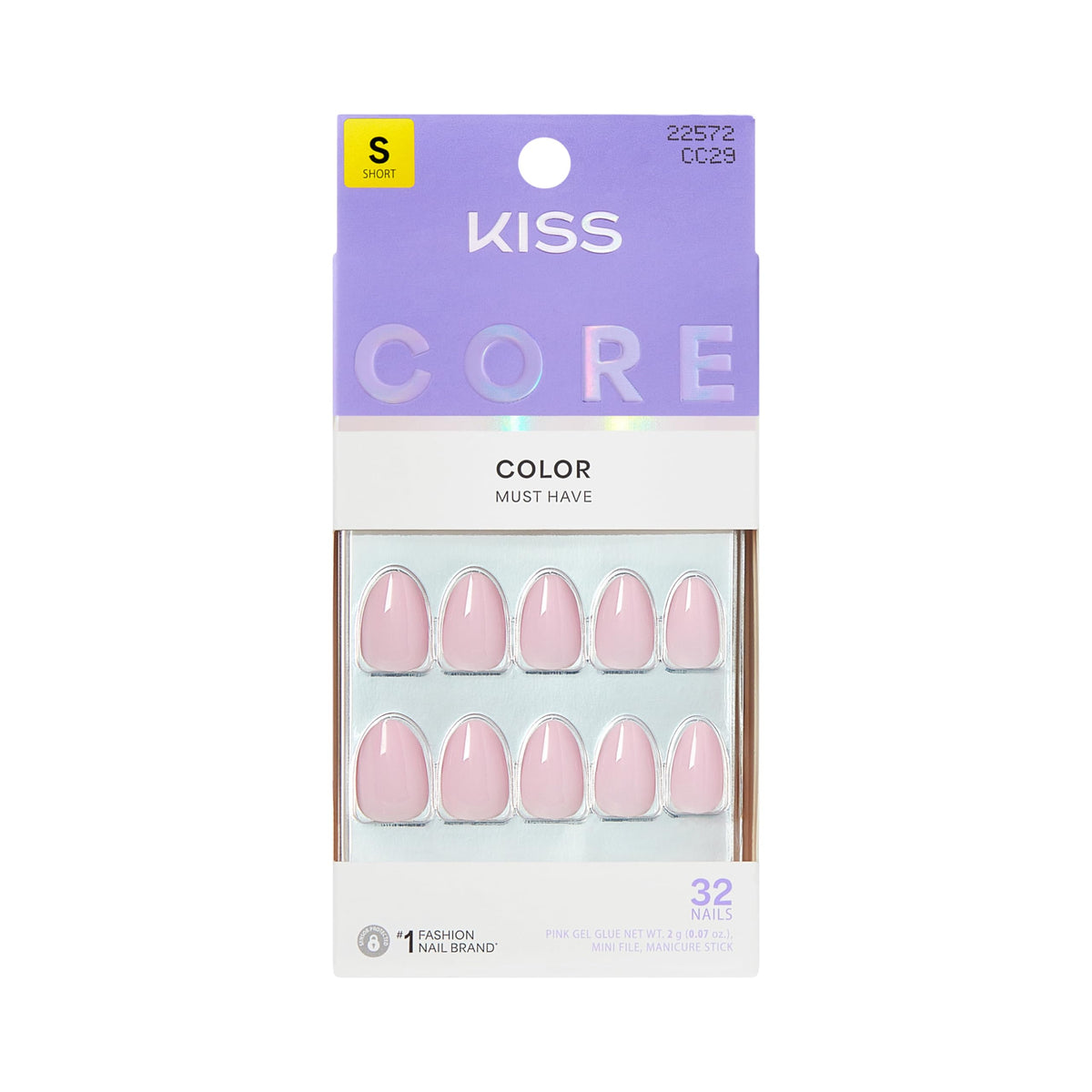 Kiss Core, Press On Nails, Nail glue included, 'Photogenic', Black, Short Size, Squoval Shape, Includes 32 Nails, 2g Glue, 1 Manicure Stick, 1 Mini File