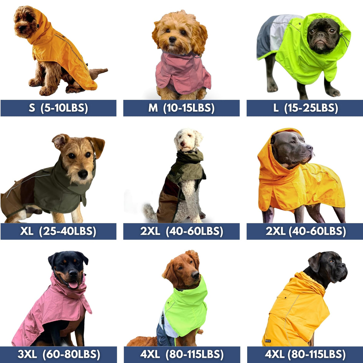 Spark Paws Dog Raincoat, Waterproof Windproof Rain Jacket, for Small Medium Large Extra Large Dogs, Reflective Breathable Full-Body Coverage Dry Suit - Neon White Navy Blue, 2XL