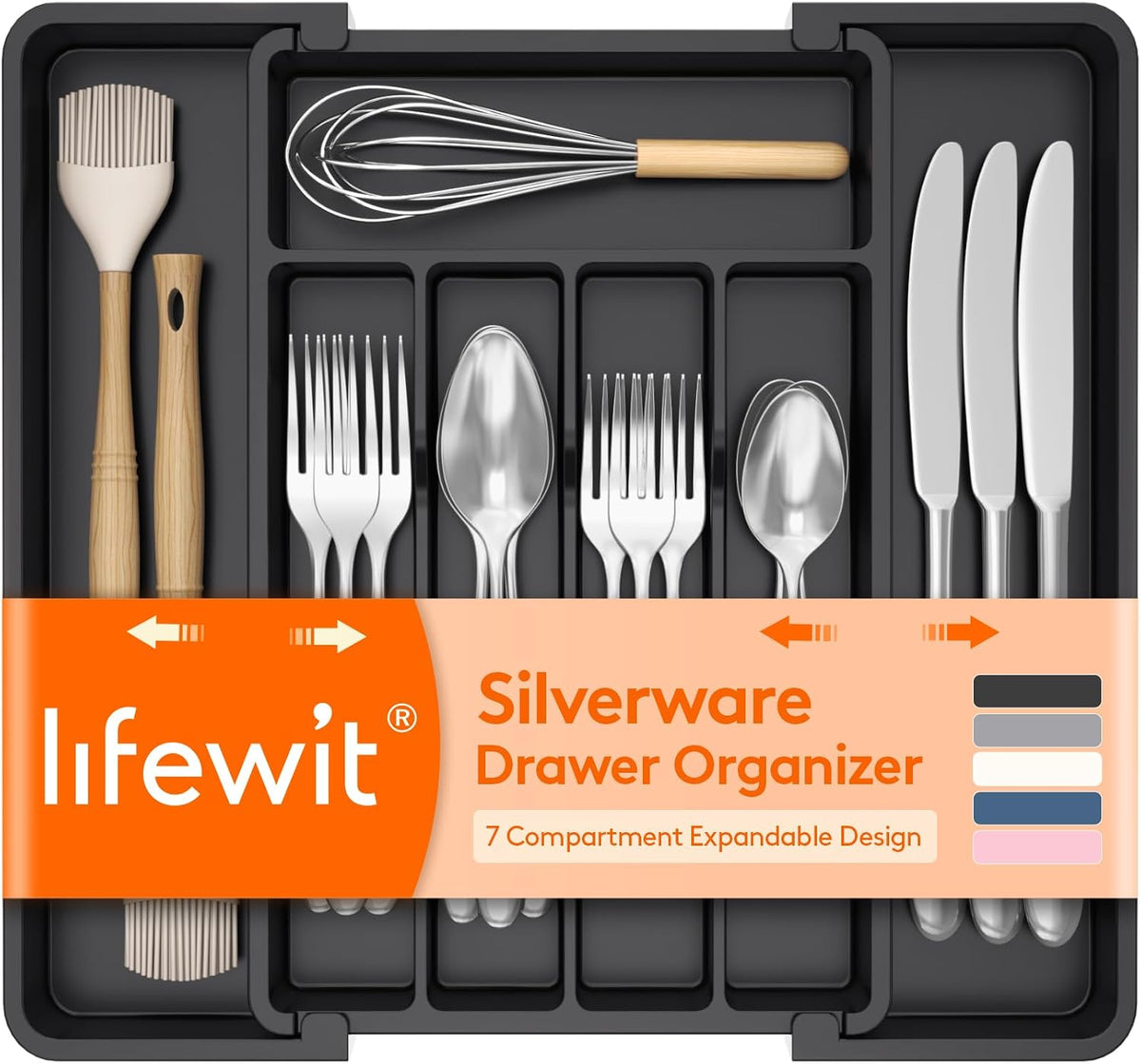 Lifewit Expandable Silverware Organizer, Plastic Utensil Tray for Kitchen Drawer, BPA Free Flatware Cutlery Holder, Space-Saving Storage for Spoons Forks Knives, 8-13.8 x 11.2 x 1.4 inch, Black