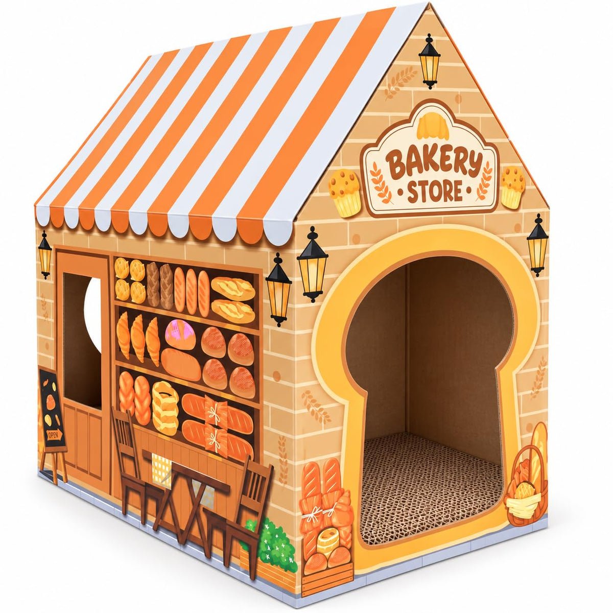 Cinrobiye Cardboard Cat House with Scratcher, Gothic Halloween Cat Scratcher Box with 2 Corrugated Scratch Pads, Open Top Indoor Cat Hideaway Bed for Cats and Kittens
