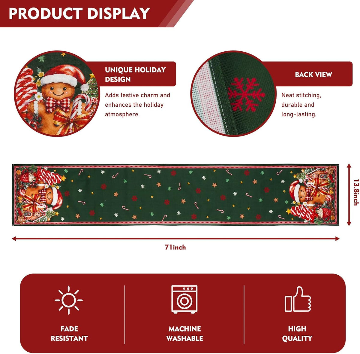 Christmas Table Runner 13 x 72 Inch Green Gingerbread Candy Cane Table Runners for Xmas Dinning Table Decorations