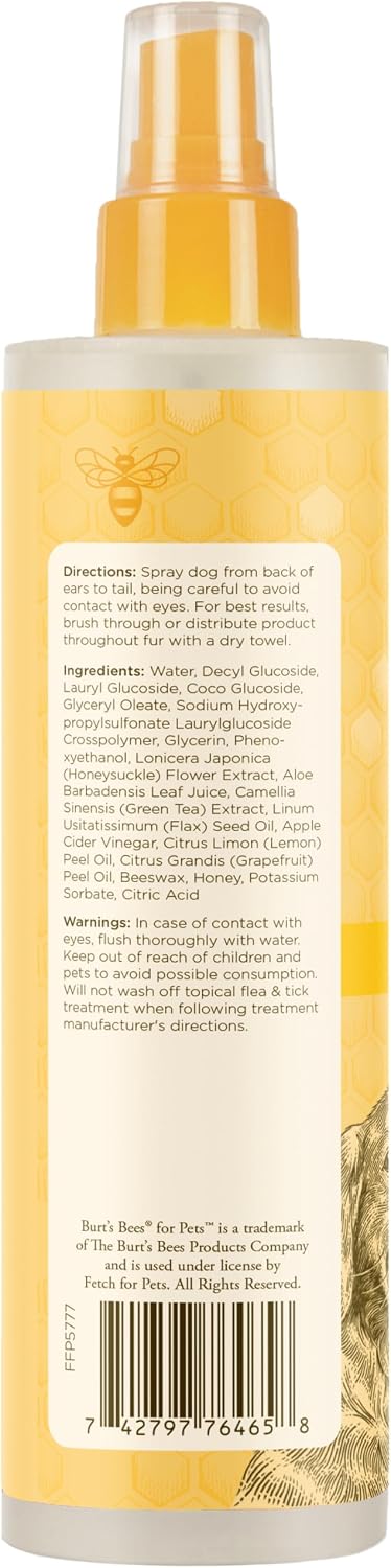 Burt's Bees for Pets Dog Detangling Spray, Natural Leave-in Coat Detangler & Dog Deodorizing Grooming Spray with Lemon, pH Balanced for Dogs, Paraben & Sulfate Free, 10 Fl Oz