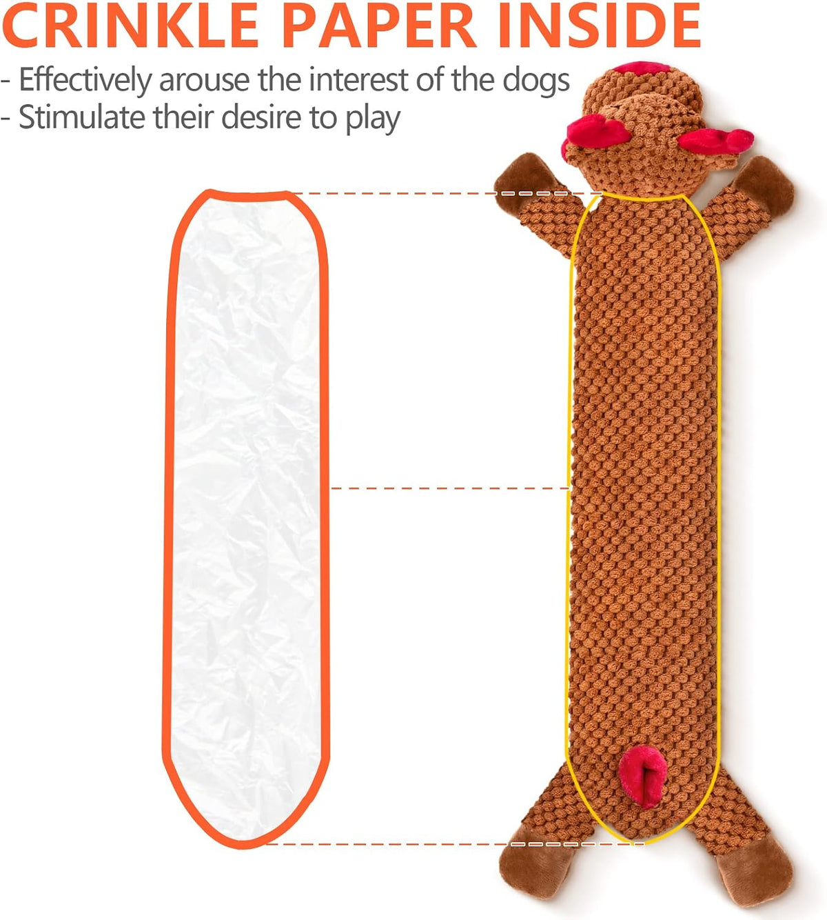 No Stuffing Dog Christmas Toys with Squeakers, Crinkle Xmas Plush Dog Toys for Large Medium Small Dogs, Durable Interactive Dog Toys for Puppies, Reindeer