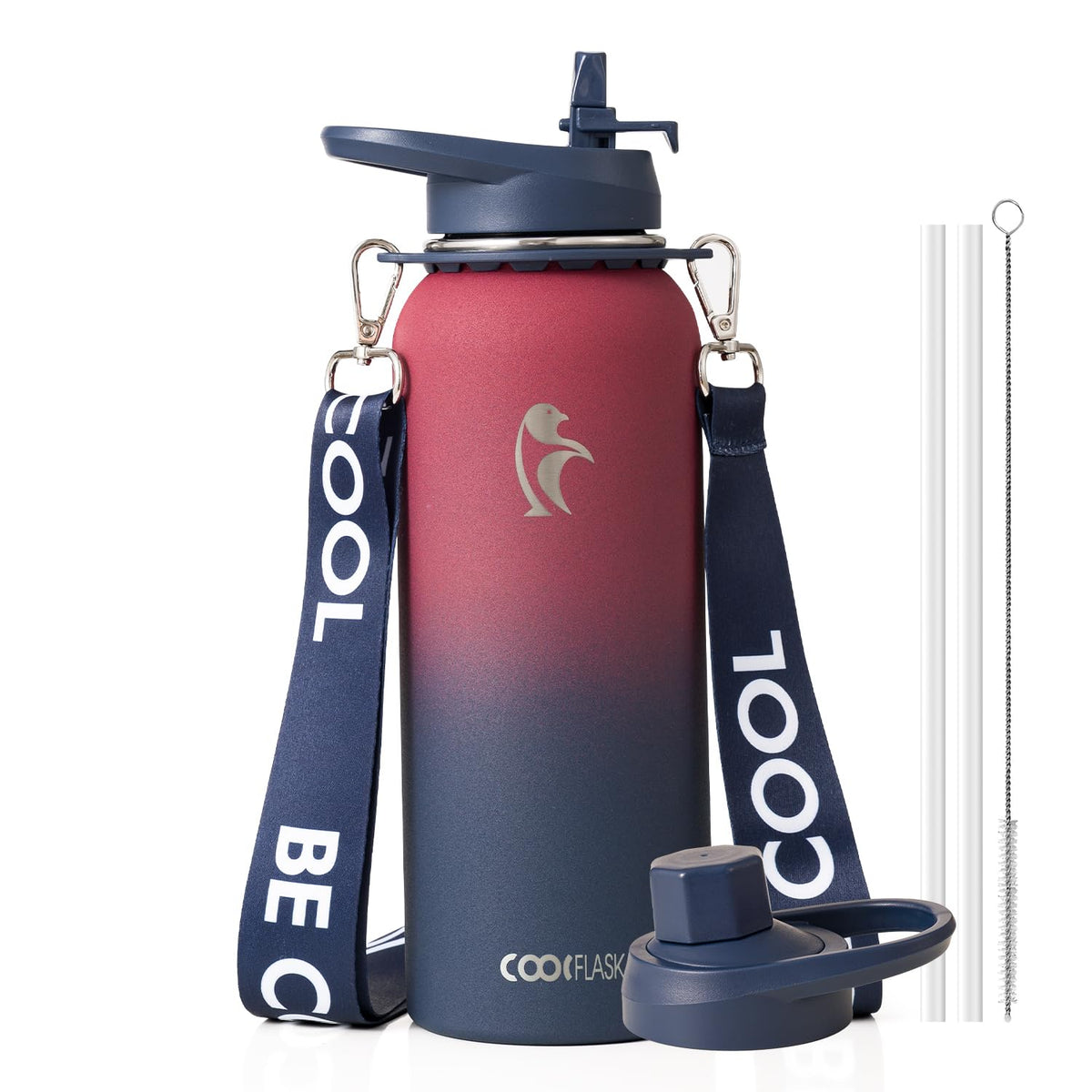 Coolflask Water Bottle with Straw, 40 oz Insulated Metal Water Flask with Straw & Spout Lids, Stainless Steel Double Wall Vacuum, Keep Cold 48h Hot 24h, Leak Proof, BPA-Free, Apricot Pink