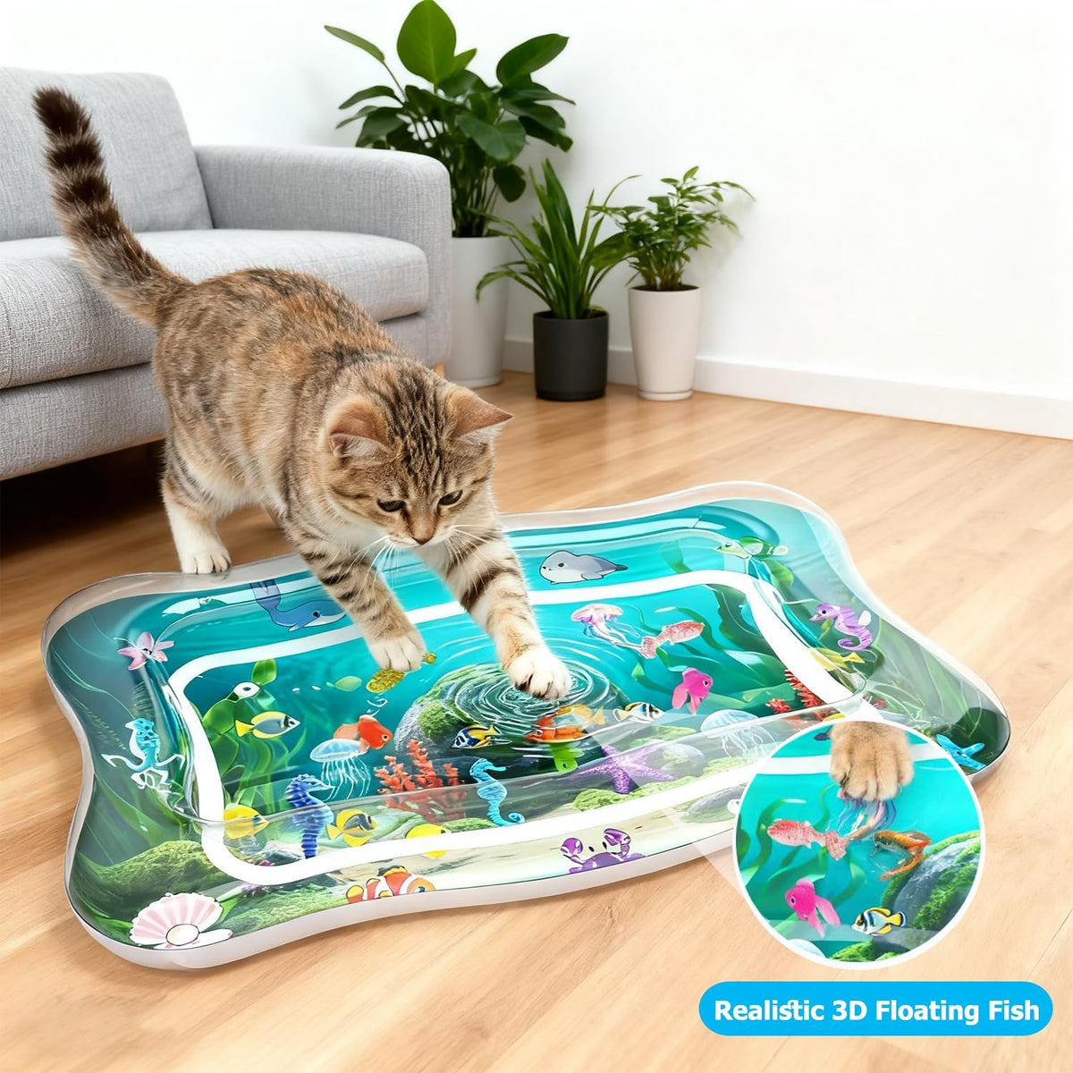 Interactive Cat Toy for Indoor Cats, Upgraded Cat Water Mat, Thickened Water Sensory Play Mat with Fish, Enrichment Stimulating Toy for Bored Adult Kitten Cats to Exercise, Hunting