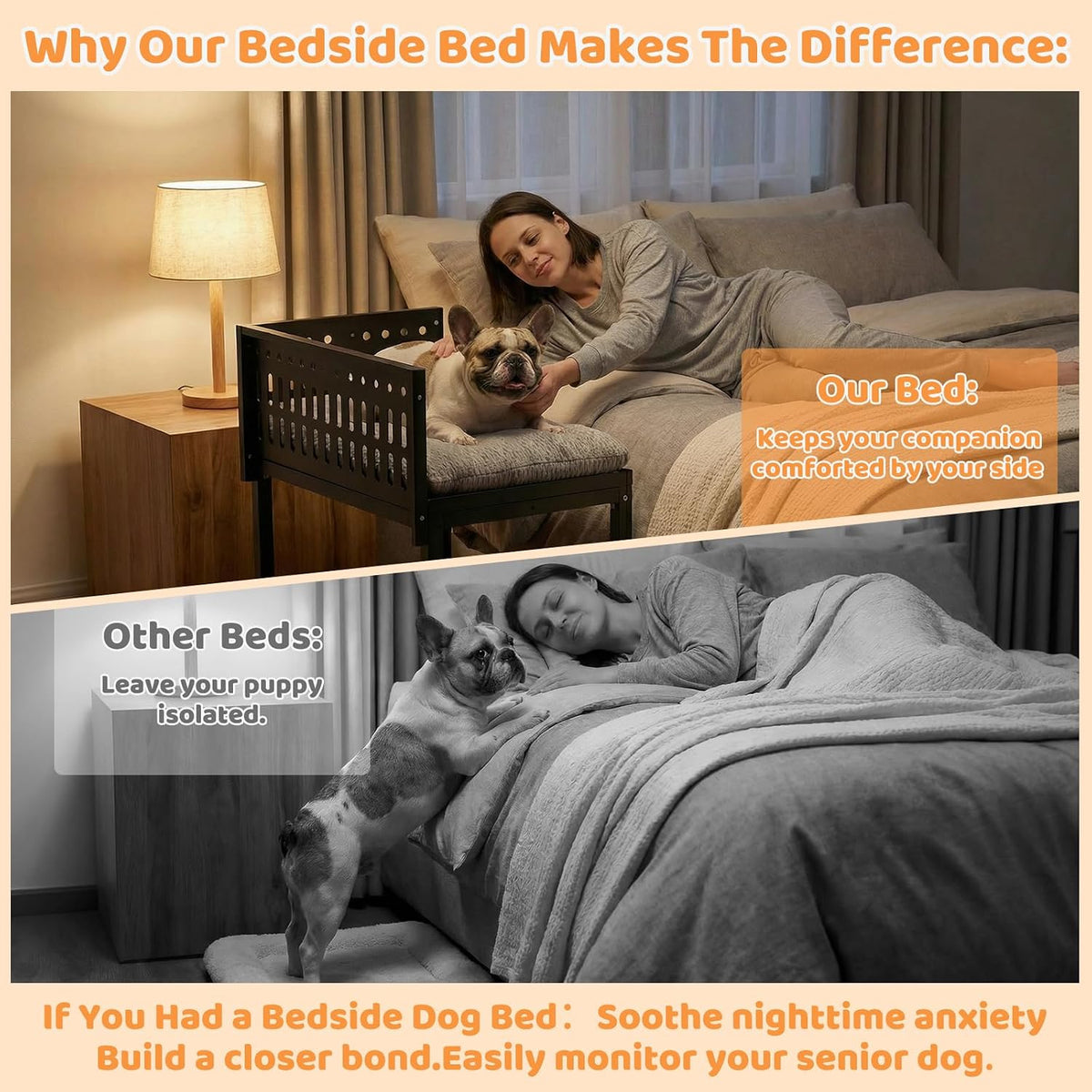 Beside Dog Bed,2 Panels Adjustable Height Dog Bunk Beds,26.8”x18.1” Metal Frame & Cushion, Converts to Bunk Bed or Bed Extension Attachment for Human Bed, for Small Dogs