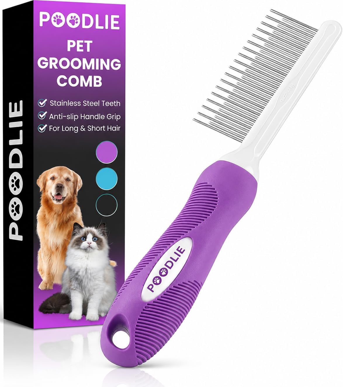 Poodle Pet Detangling Pet Comb with Long & Short Stainless Steel Teeth for Removing Matted Fur, Knots & Tangles – Detangler Tool Accessories for Safe & Gentle DIY Dog & Cat Grooming