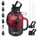 BJPKPK Half Gallon Insulated Water Bottles with Straw Lid & Side Handle, 64oz Large, Stainless Steel Water Bottles with 3 Lids and Paracord Strap, Metal Water Jug,Black
