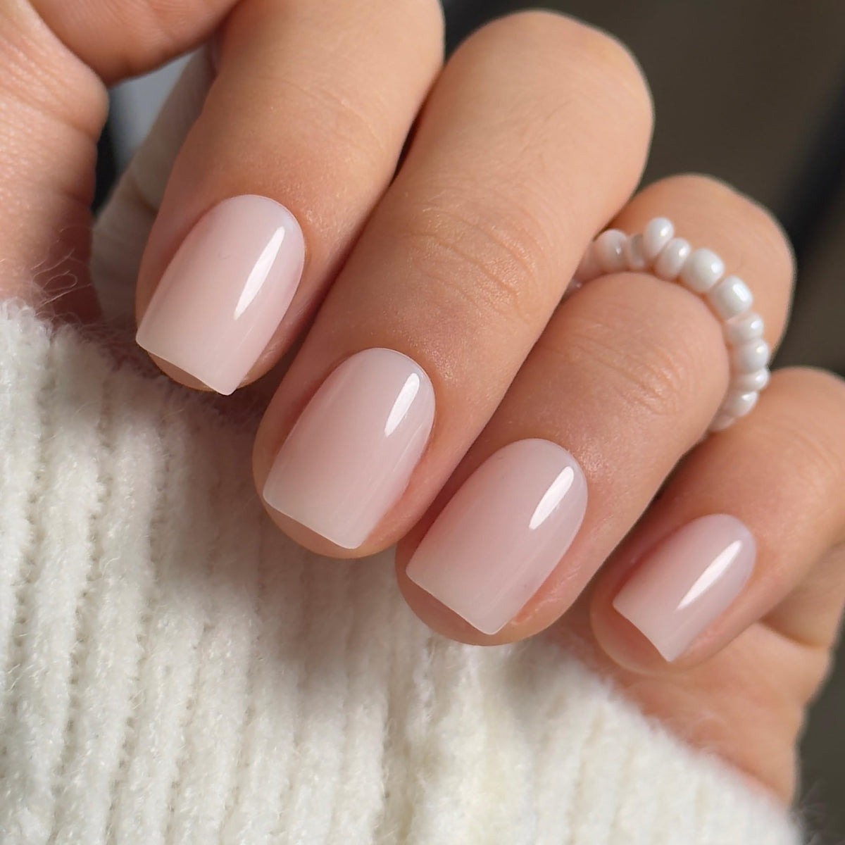 CurvLife Milky White Square Press on Nails Short, Soft Gel Fake Nails with Clean Nude Apricot Design Full Cover False Nails Glossy Nude Glue on Nails Artificial Stick on Nails for Women