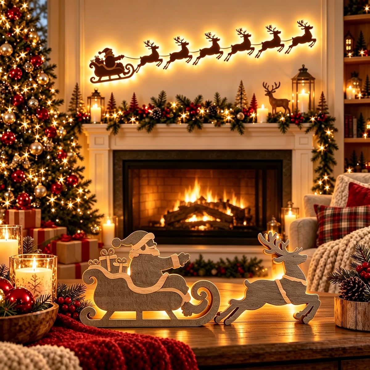 LED Reindeer Wall Decorations,3D Wooden Christmas Lighting Decor