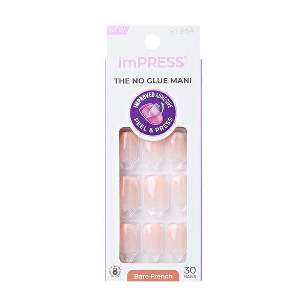 Kiss Impress No Glue Mani Press On Nails, Heroic, Bare French Manicure Kit, 30 Light Neutral + White, Squoval Short Nails with IMPROVED Adhesive, Includes Prep Pad, Manicure Stick & Mini File