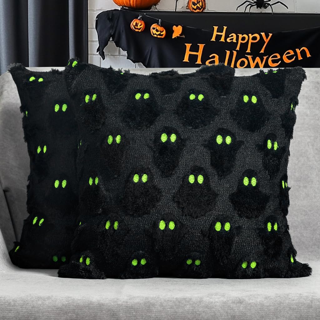Halloween Ghost Decorative Pillow Covers 18x18 Set of 2, Beige Soft Plush Faux Fur Farmhouse Throw Cushion Cases for Fall Holiday Home Decorations