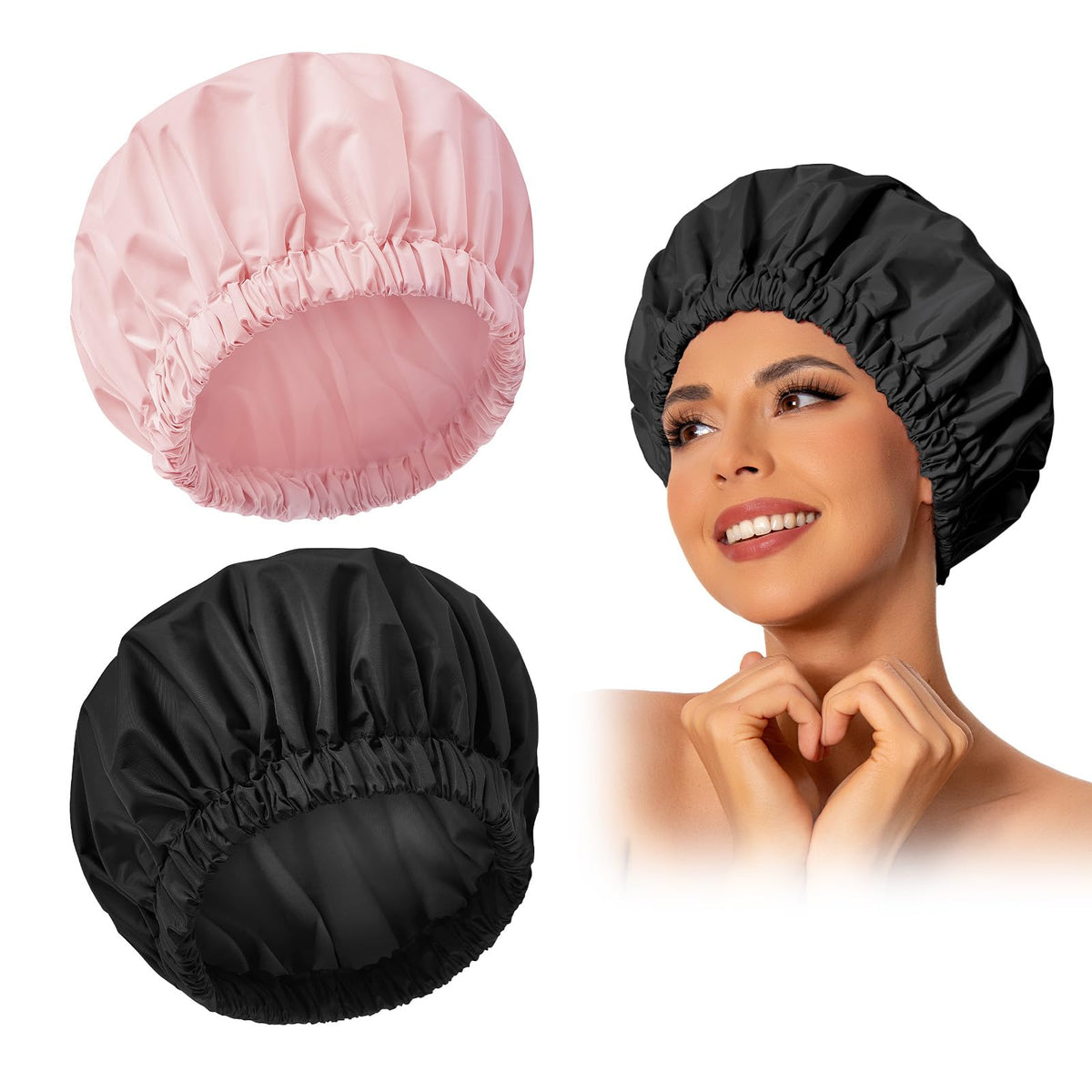 Edoneery Reusable Shower Caps for Women, Waterproof Long Hair Bonnet | Washable Design, Wide Elastic Band, Large Fit, Holds Long Hair, Braids Friendly, Bath Accessories, Spa, Travel