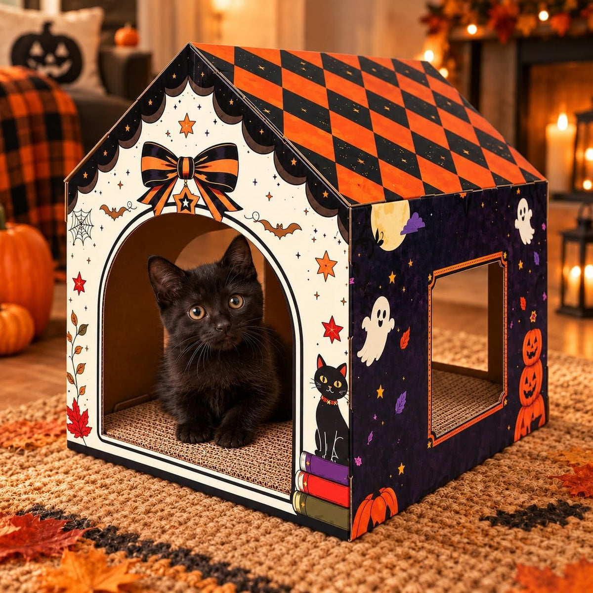 Halloween Cardboard Cat House with Scratcher Pad, 16.5 x 12.5 x 15.5 in