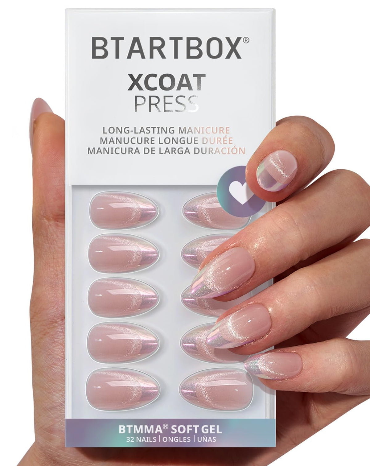 BTArtbox Press On Nails, Liquid Radiance, Medium Almond, Cat Eye, 32Ct | Lamp-Curable 4-Week Wear, Salon-Quality Natural Nails, 10-Minute Easy Daily Application, 16 Sizes, All-in-One Complete Kit