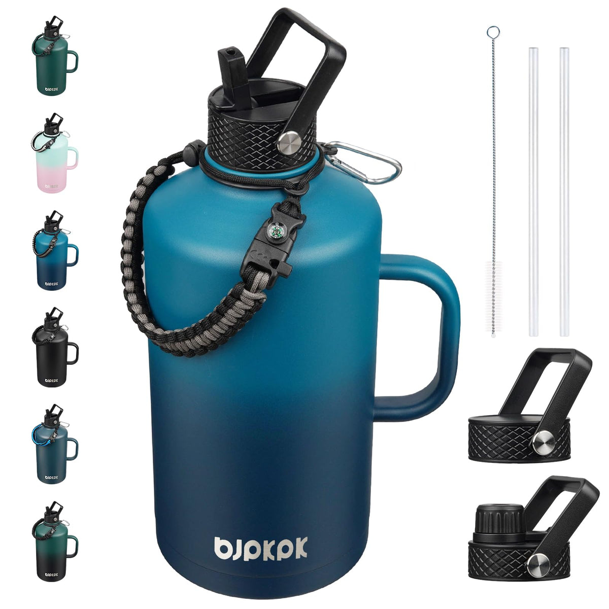 BJPKPK Half Gallon Insulated Water Bottles with Straw Lid & Side Handle, 64oz Large, Stainless Steel Water Bottles with 3 Lids and Paracord Strap, Metal Water Jug,Black