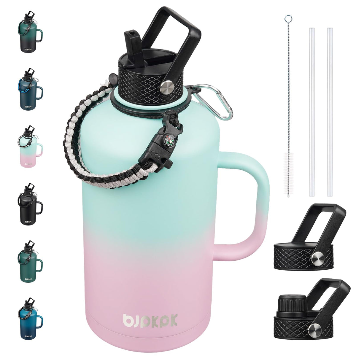BJPKPK Half Gallon Insulated Water Bottles with Straw Lid & Side Handle, 64oz Large, Stainless Steel Water Bottles with 3 Lids and Paracord Strap, Metal Water Jug,Black