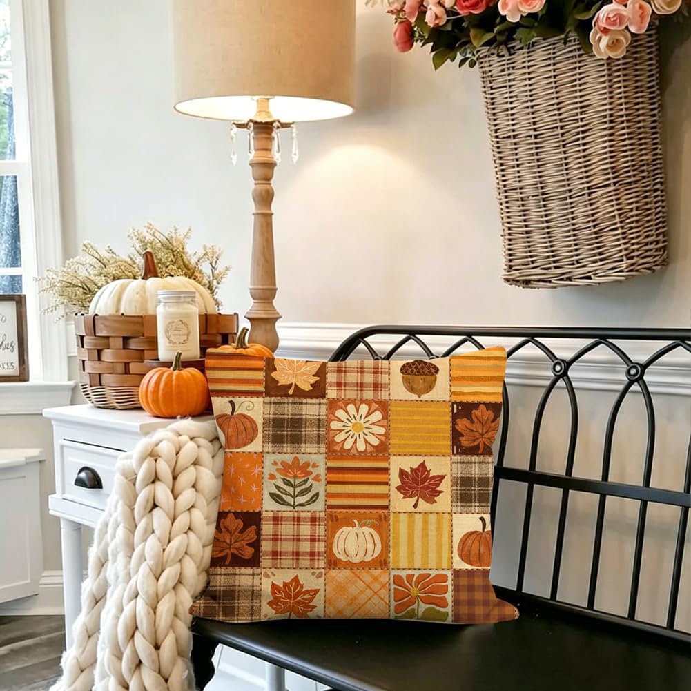 Fall Outdoor Pillow Covers 18x18,Plaid Pumpkin Maple Leaf Decoration