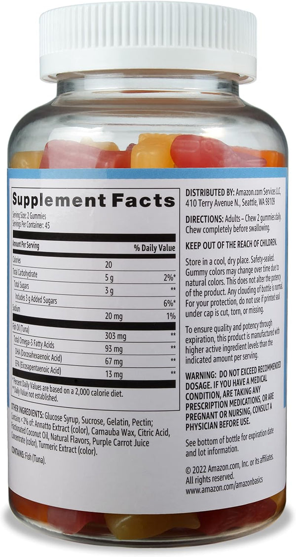 Amazon Basics Fish Oil 303 mg, Soft Chew Gummies, Lemon, Orange & Strawberry-Banana Flavors, 90 Count, EPA and DHA Omega-3 Fatty Acids (Previously Solimo)