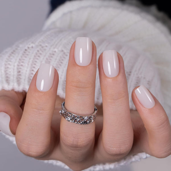 CurvLife Milky White Square Press on Nails Short, Soft Gel Fake Nails with Clean Nude Apricot Design Full Cover False Nails Glossy Nude Glue on Nails Artificial Stick on Nails for Women