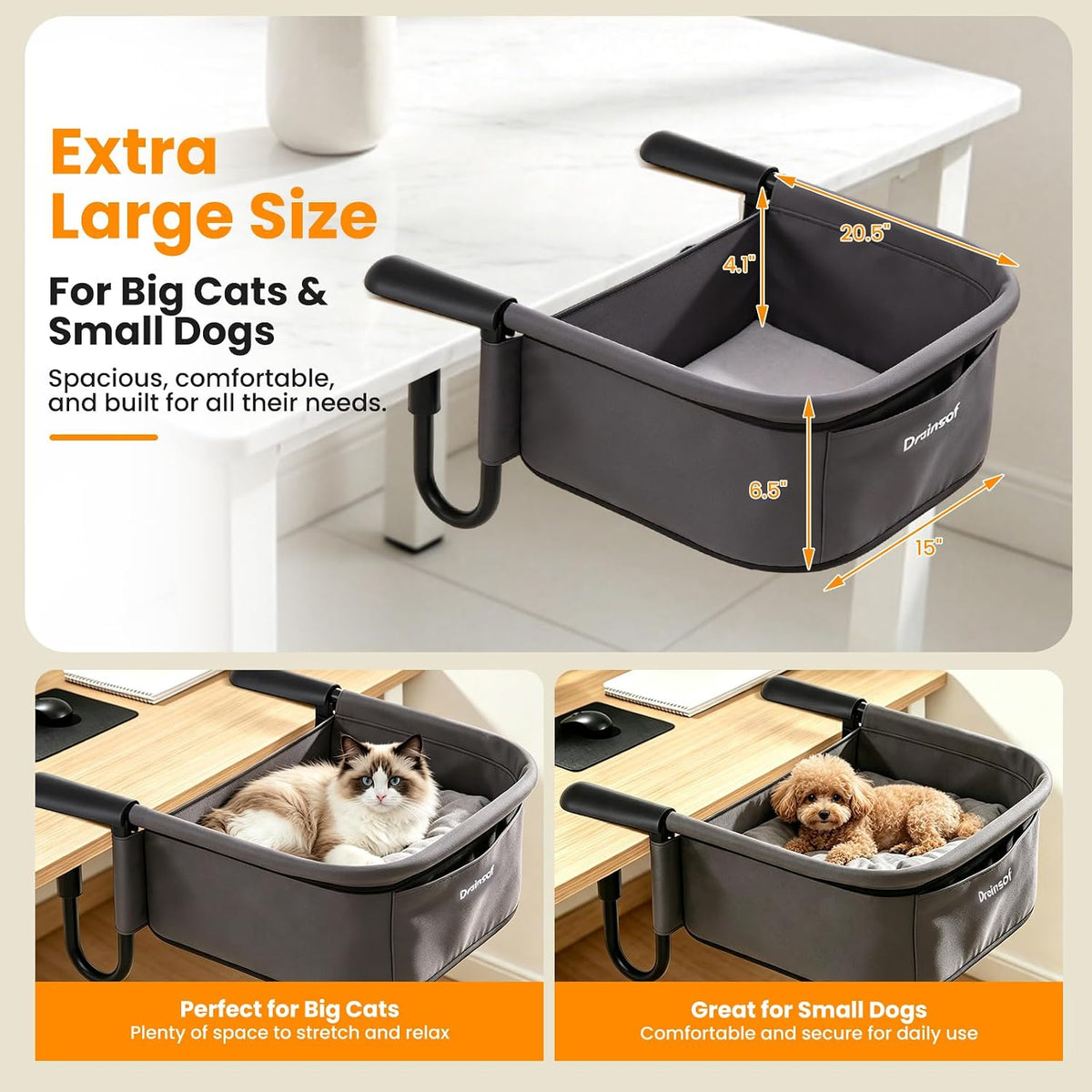 X-Large Cat Desk Bed for Large Cats Up to 50lbs, Heavy Duty Desk Attachment