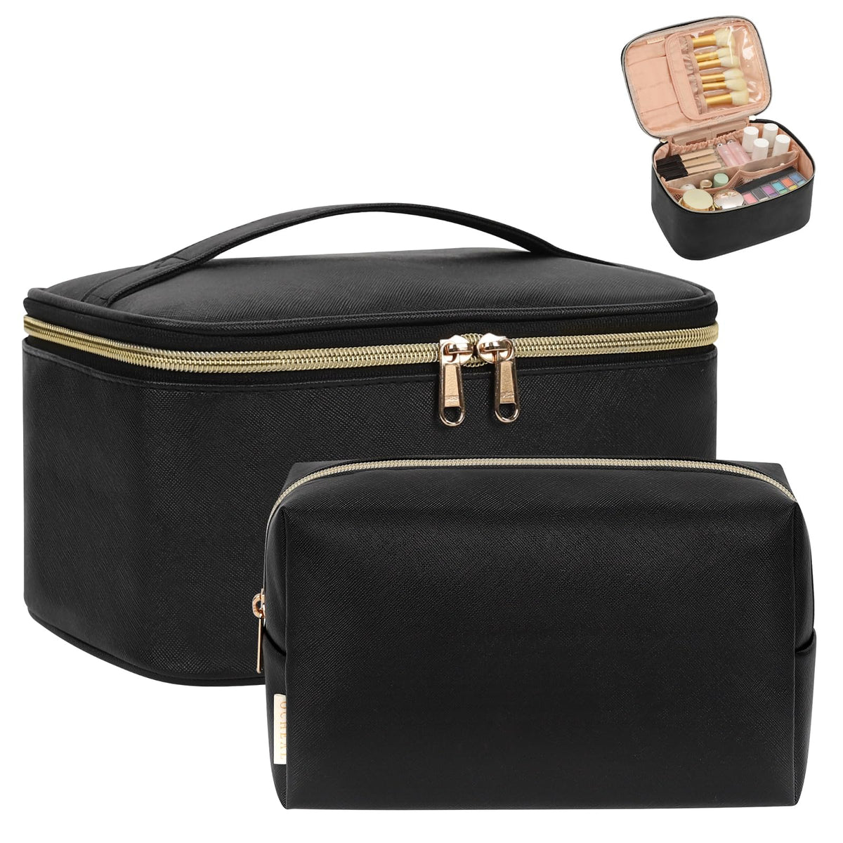 OCHEAL Makeup Bag, Portable Cosmetic Bag, Large Capacity Travel Makeup Case Organizer, Black For Women Toiletry Bag for Girls Traveling With Handle and Divider