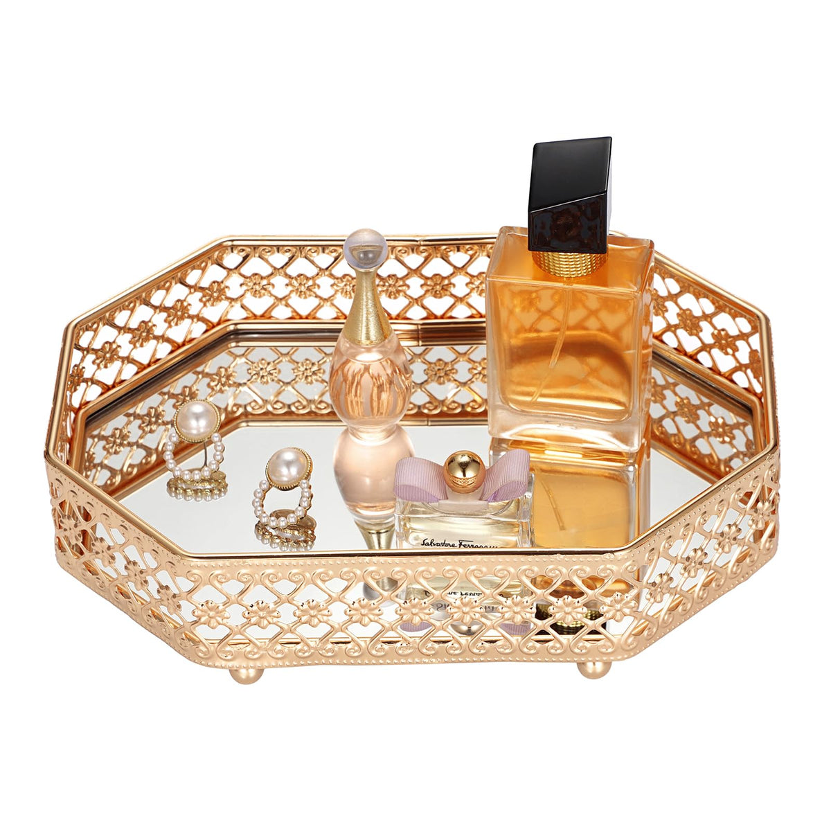Hipiwe Mirror Glass Vanity Tray - Gold Ornate Makeup Organizer Perfume Tray