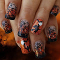 48Pcs Halloween Press on Nails Ghost Stick on Fingernails Monster Short Square False Nails Glossy Black Spider Web Acrylic Fake Nail Skull Gel Glue on Nail for Coquette Women Girls