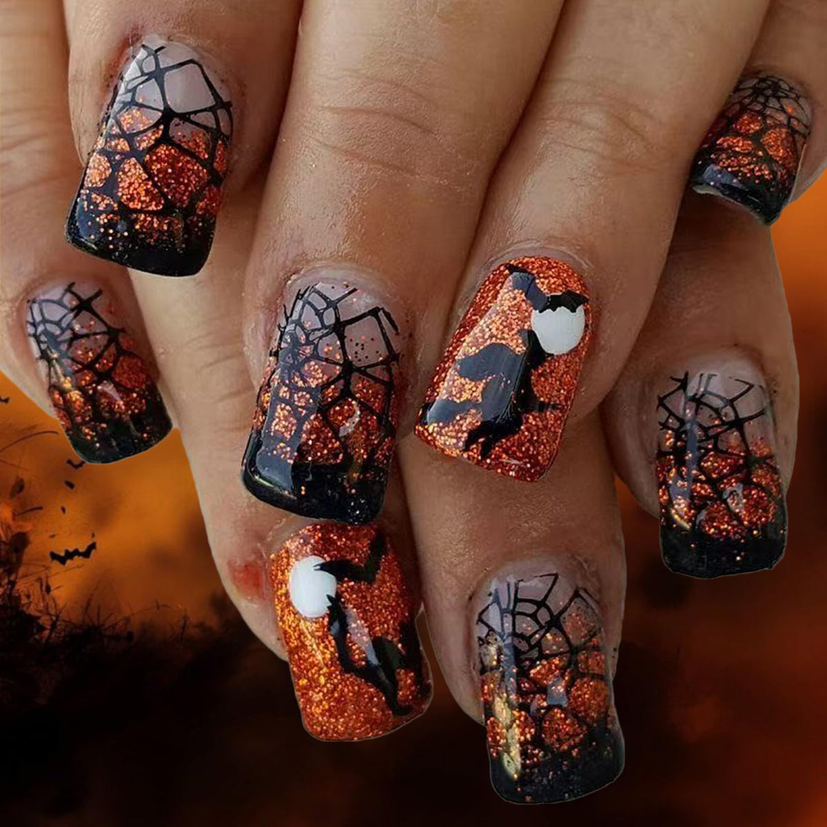 48Pcs Halloween Press on Nails Ghost Stick on Fingernails Monster Short Square False Nails Glossy Black Spider Web Acrylic Fake Nail Skull Gel Glue on Nail for Coquette Women Girls