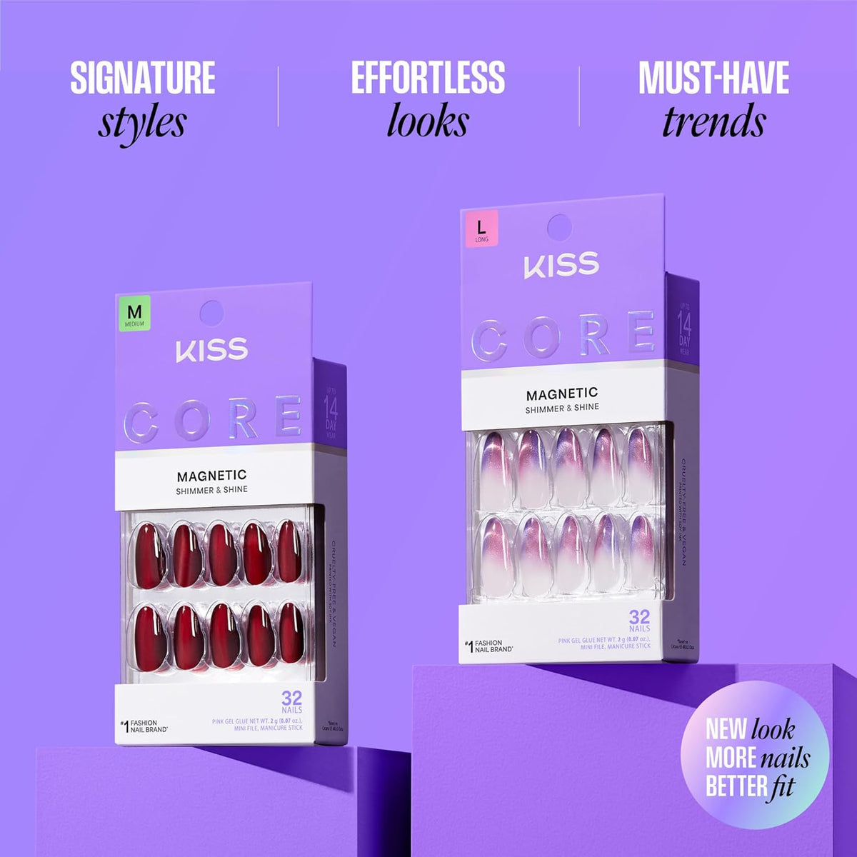 Kiss Core, Press On Nails, Nail glue included, 'Apple Blossom', Red, Medium Size, Almond Shape, Includes 32 Nails, 2g Glue, 1 Manicure Stick, 1 Mini File