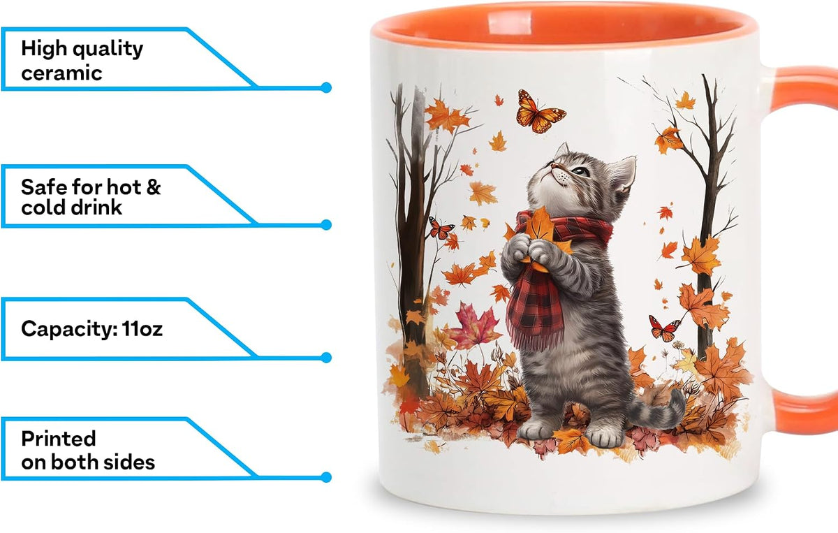 Hyturtle Fall Cat Maple Leaves Coffee Mug with Spoon Gifts on Birthday