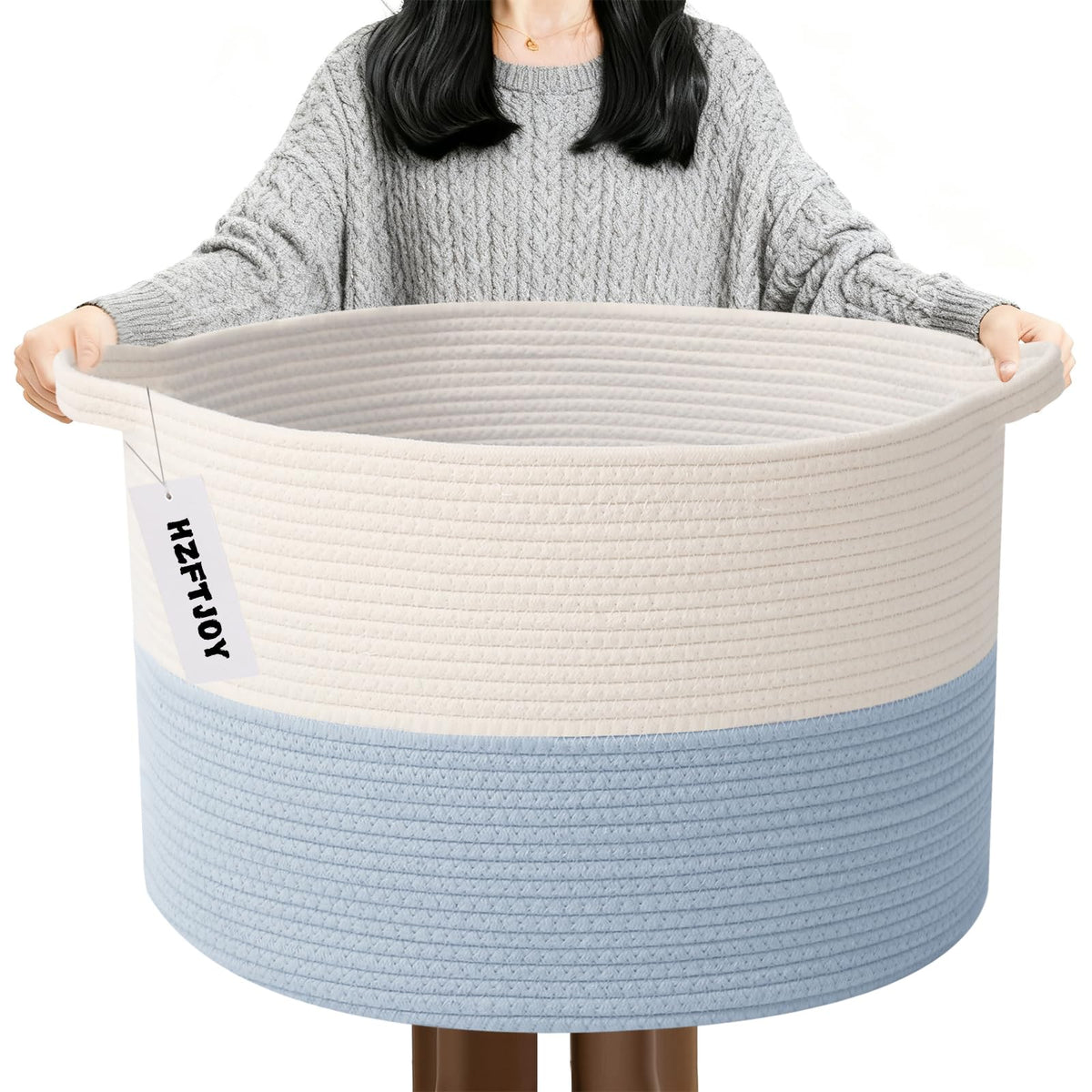 Large Woven Blanket Basket,65L Cotton Rope Laundry Basket Hamper with Handles, Decorative Nursery Basket Storage Bin for Toys, Clothes Organizer, Living Room, Bedroom, Bathroom, White & Brown