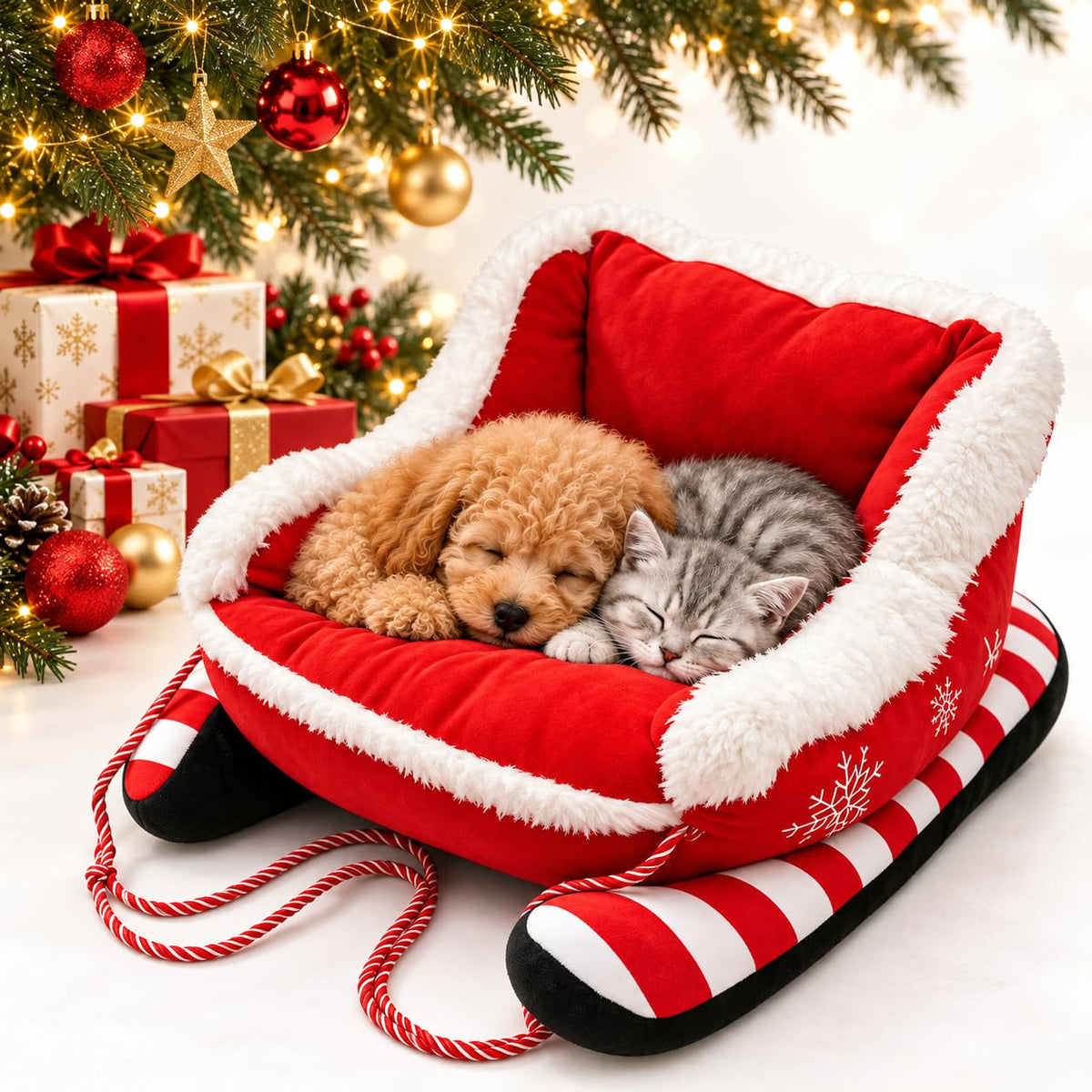 Christmas Dog Bed, Plush Santa Sleigh Sofa for Cats