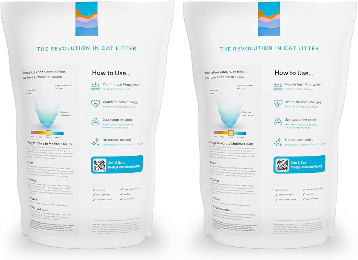 PrettyLitter Health Monitoring Cat Litter (Unscented, Non Clumping) | Lightweight & Low Tracking, Color Changing Silica Gel Crystals, Advanced Odor Control — 6 Lbs, Pack of 2 (Up to 2 Month Supply)