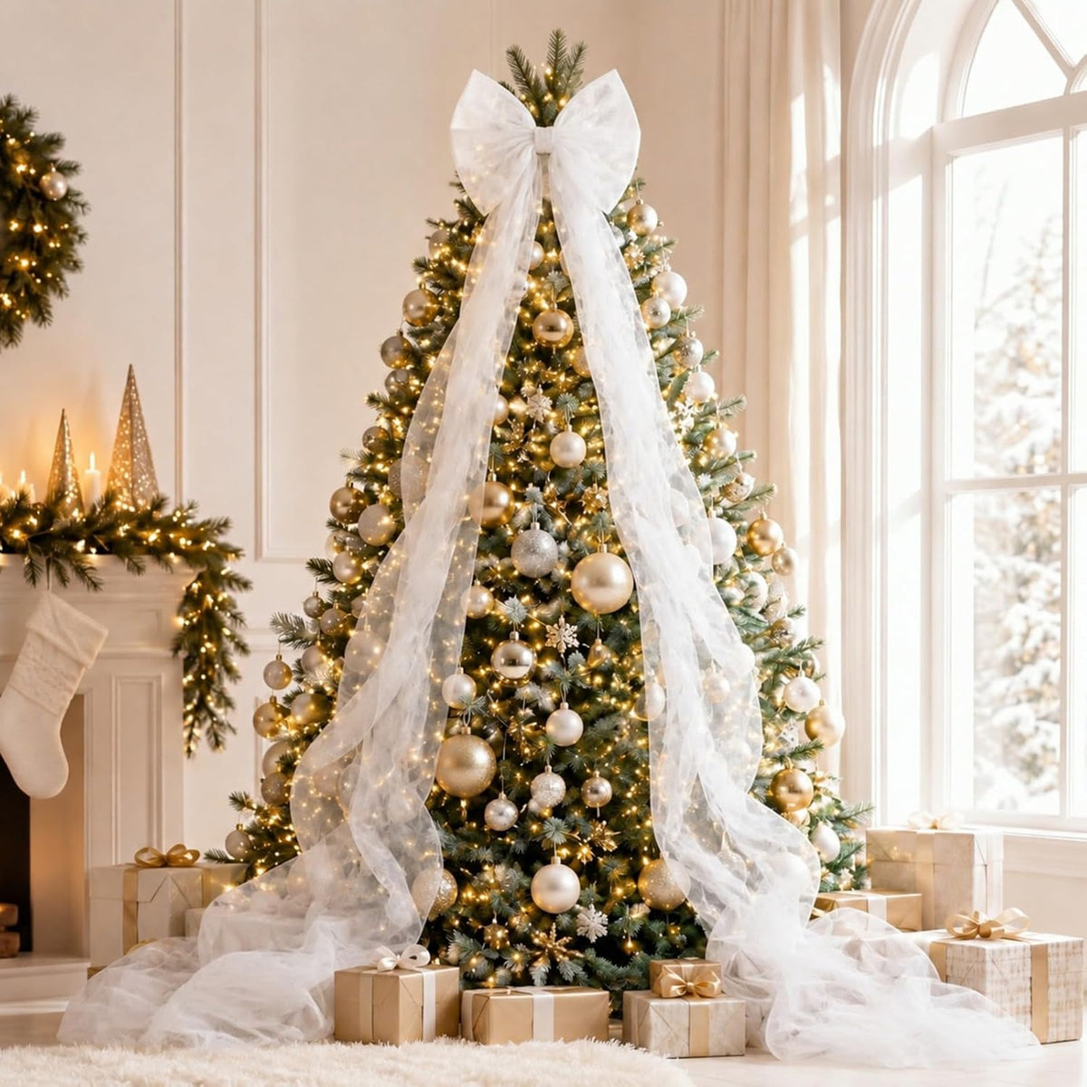 White Large Christmas Bow for Tree Topper 25 ft, White, Tulle