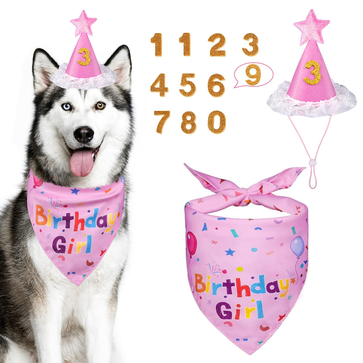 Dog Birthday Party Supplies, Dog Birthday Bandana Set, Dog Boy Girl Birthday Party Hat with Numbers for Large Medium Small Dogs Pet (Blue)