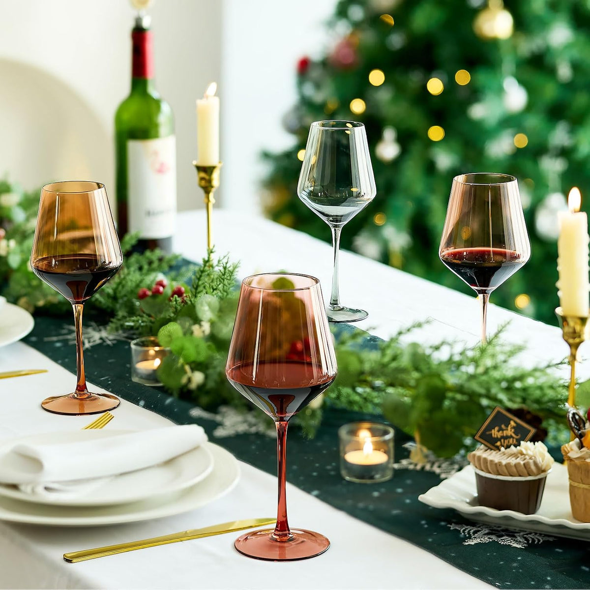 Colored Wine Glasses Set of 4, 13.5oz Lead-Free Crystal | Elegant Long Stem, Hand Blown, Autumn Tones, Fall Dinner Wedding Birthday Party, Ready-to-gift Box