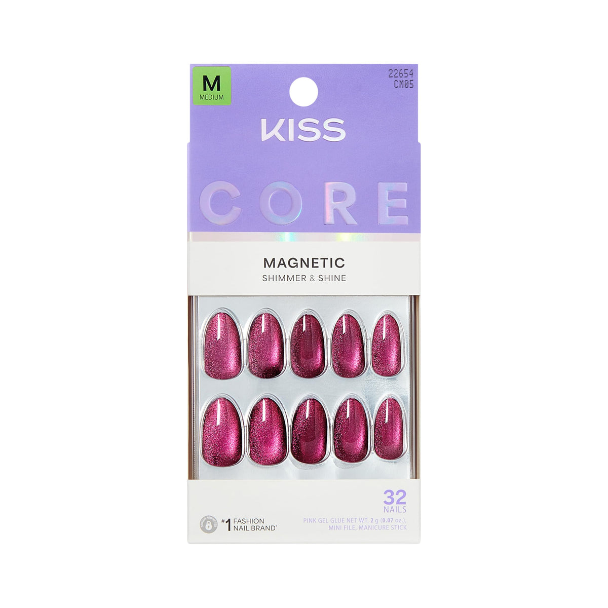 Kiss Core, Press On Nails, Nail glue included, 'Apple Blossom', Red, Medium Size, Almond Shape, Includes 32 Nails, 2g Glue, 1 Manicure Stick, 1 Mini File