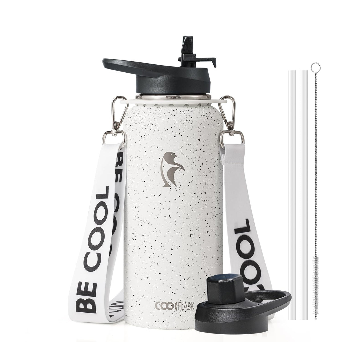 Coolflask Water Bottle with Straw, 40 oz Insulated Metal Water Flask with Straw & Spout Lids, Stainless Steel Double Wall Vacuum, Keep Cold 48h Hot 24h, Leak Proof, BPA-Free, Apricot Pink