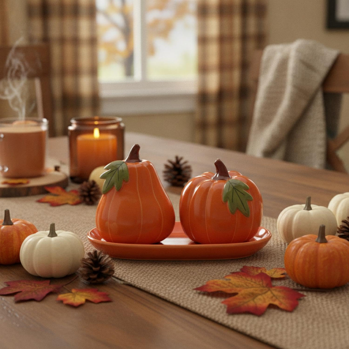 Set of 3 Thanksgiving Pumpkin Salt and Pepper Shakers with Tray Ceramic