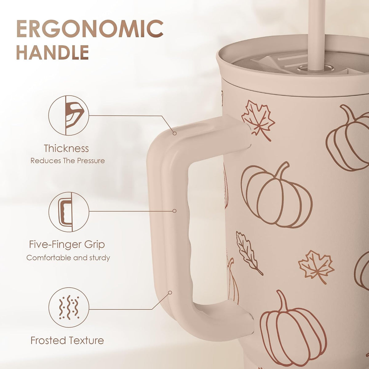 SANDJEST Pumpkin Tumbler with Handle and Straw 40oz – Stainless Sleel Slider Tumbler Travel Coffee Mug for Women - Gift Idea for Fall Autumn Halloween