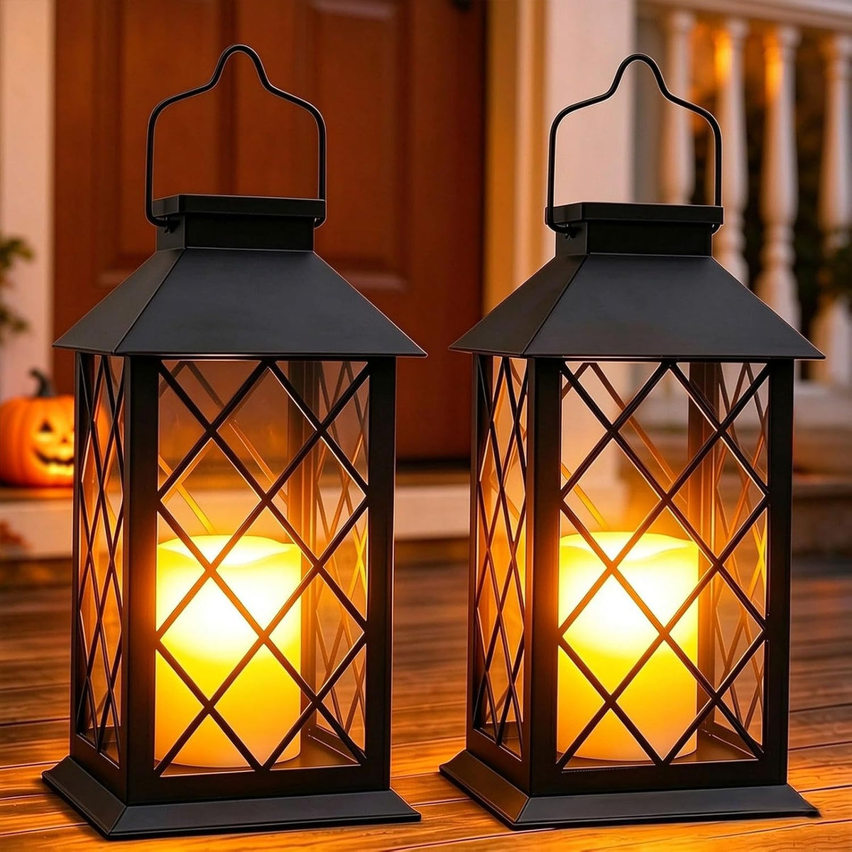 2 Pack 14'' Black Large Outdoor Solar Lanterns Outdoor Waterproof