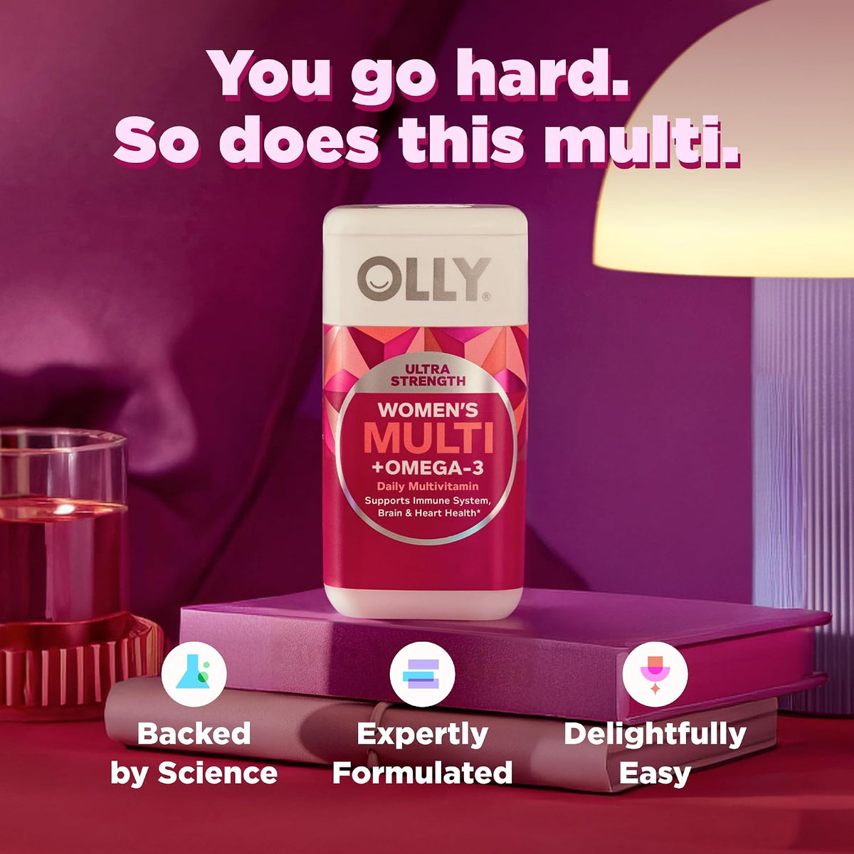 OLLY Ultra Strength Women's Multi Softgels, Overall Health and Immune Support, Omega-3s, Iron, Vitamins A, D, C, E, B12, Daily Multivitamin, 30 Day Supply - 60 Count