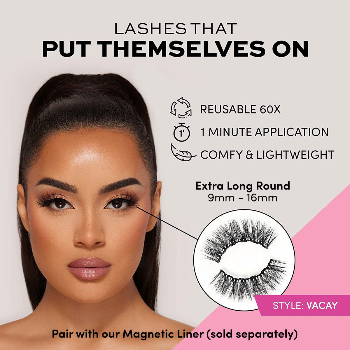 Glamnetic Magnetic Eyelashes - Vacay | Long Magnetic Lashes, 60 Wears Reusable High Volume Faux Mink Lashes, Dramatic, Round - 1 Pair