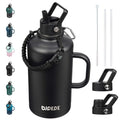 BJPKPK Half Gallon Insulated Water Bottles with Straw Lid & Side Handle, 64oz Large, Stainless Steel Water Bottles with 3 Lids and Paracord Strap, Metal Water Jug,Black